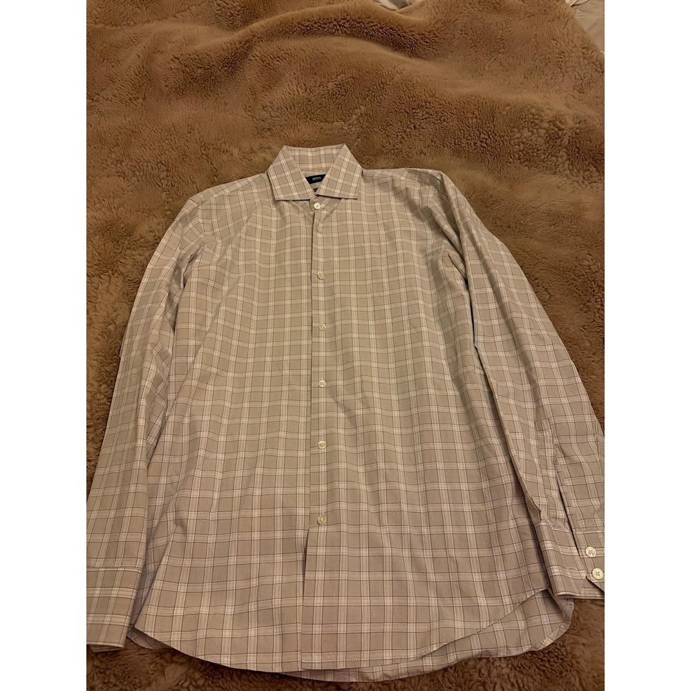 Hugo Boss Regular Fit Dress Shirt Mens Tan Beige Plaid Long Sleeve Button Down